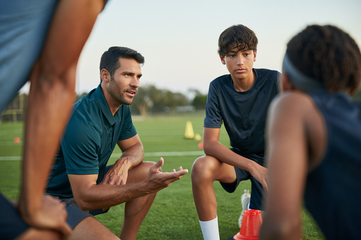 A coach and young athlete in conversation during a training session