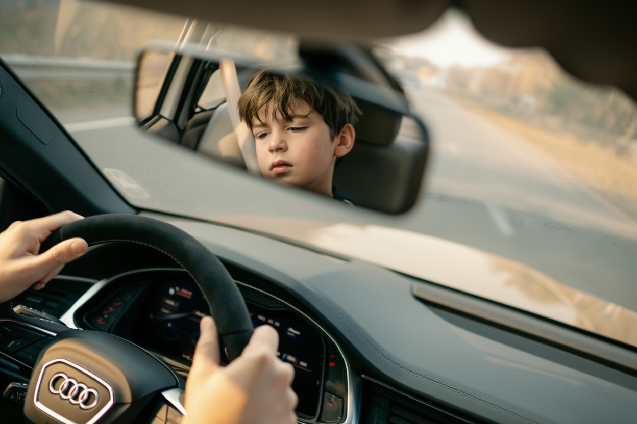 A parent and young athlete in the car after a game, the parent listening quietly rather than launching into a post-match debrief