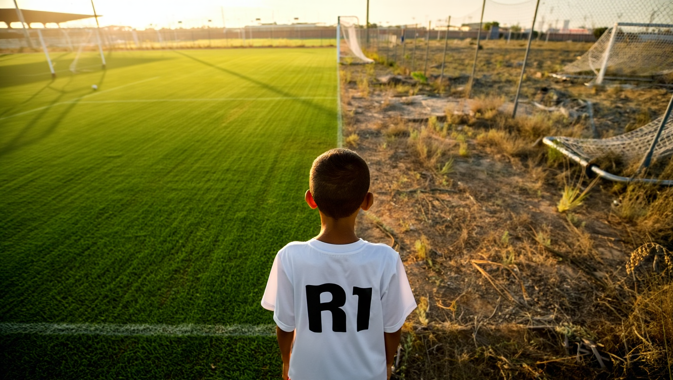 A boy wearing an R1 shirt stands at the edge of a manicured soccer field, the overgrown and abandoned ground beside him stretching into the distance