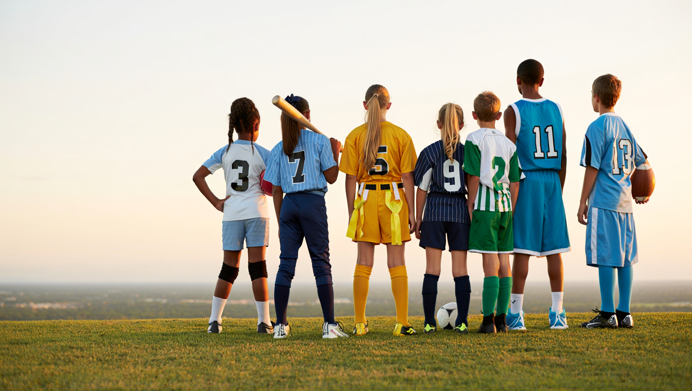 Mixed group of youth athletes in different sports uniforms standing together on a field