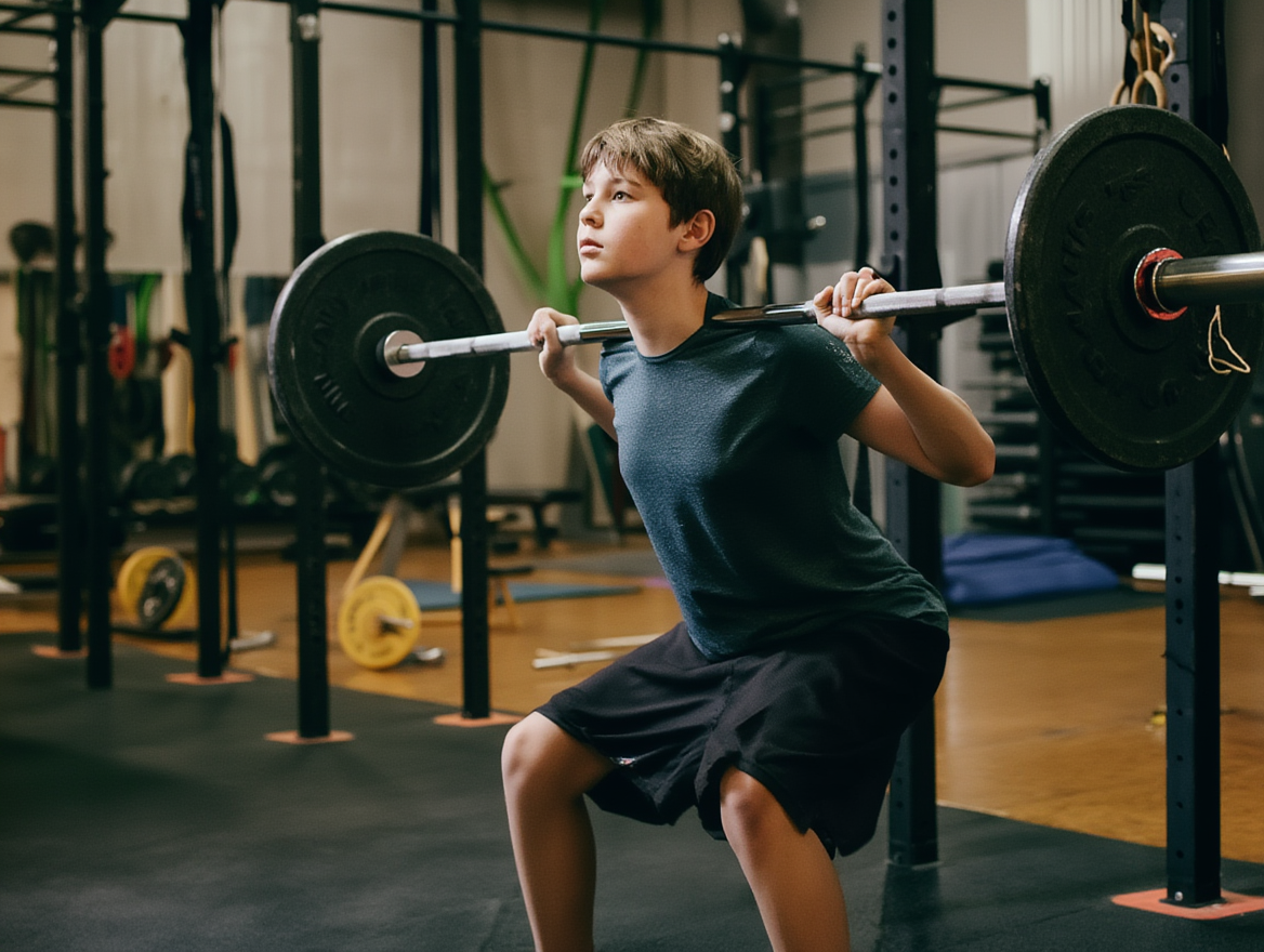 A young boy performing a back squat with a loaded barbell in a gym, composed and focused