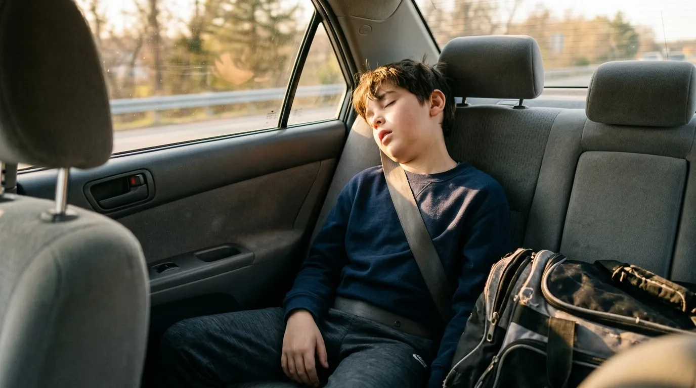 A boy asleep in the back seat of a car after training, gym bag beside him, golden light through the window
