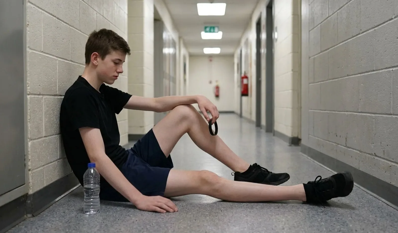 A teenage boy in athletic shorts and a black t-shirt sits on the floor of a school corridor, back against the wall, looking down at a wristband in his hand, quiet and reflective