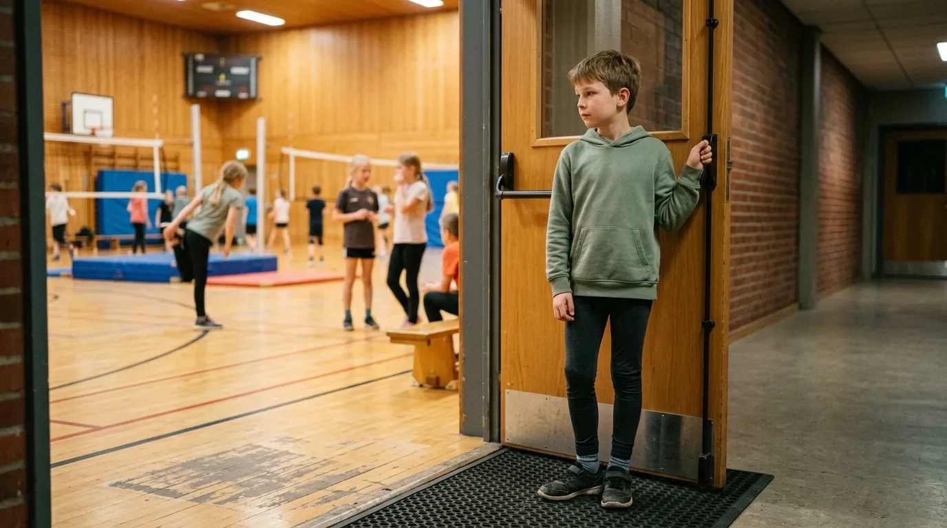 A boy stands at the doorway of a gymnasium, one hand on the frame, watching other kids inside before deciding to step in
