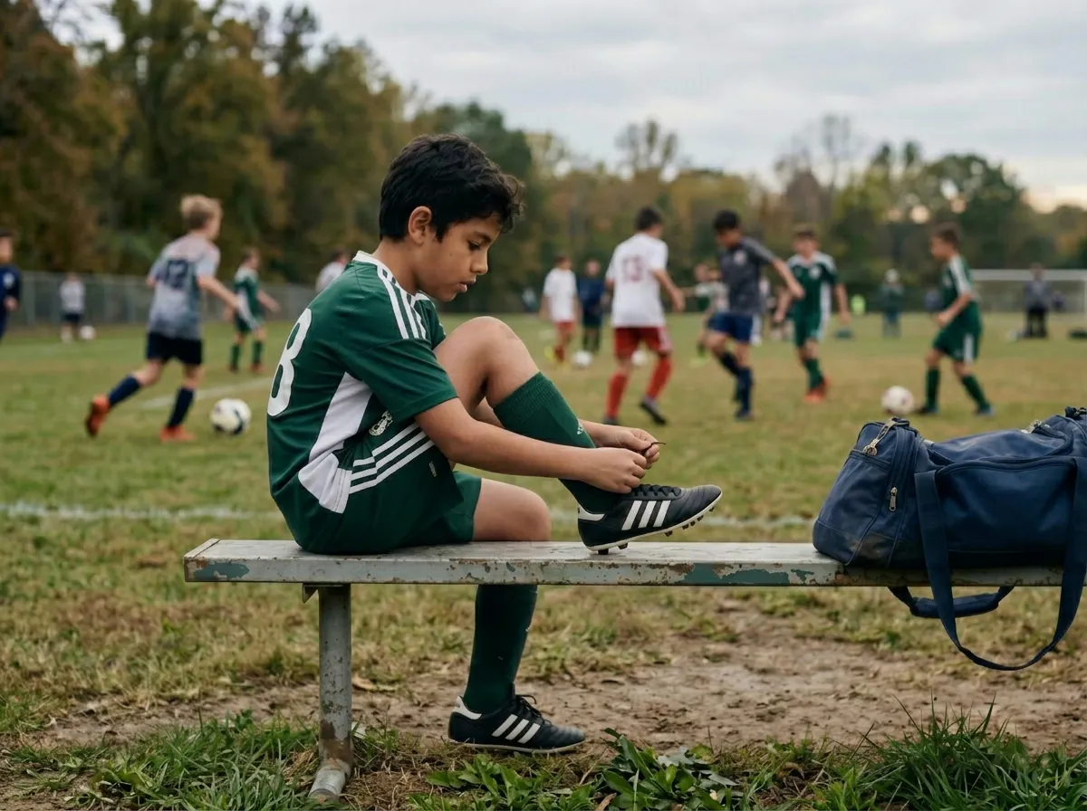 A young boy in a green soccer kit sits on a sideline bench tying his cleats, teammates practicing on the field behind him