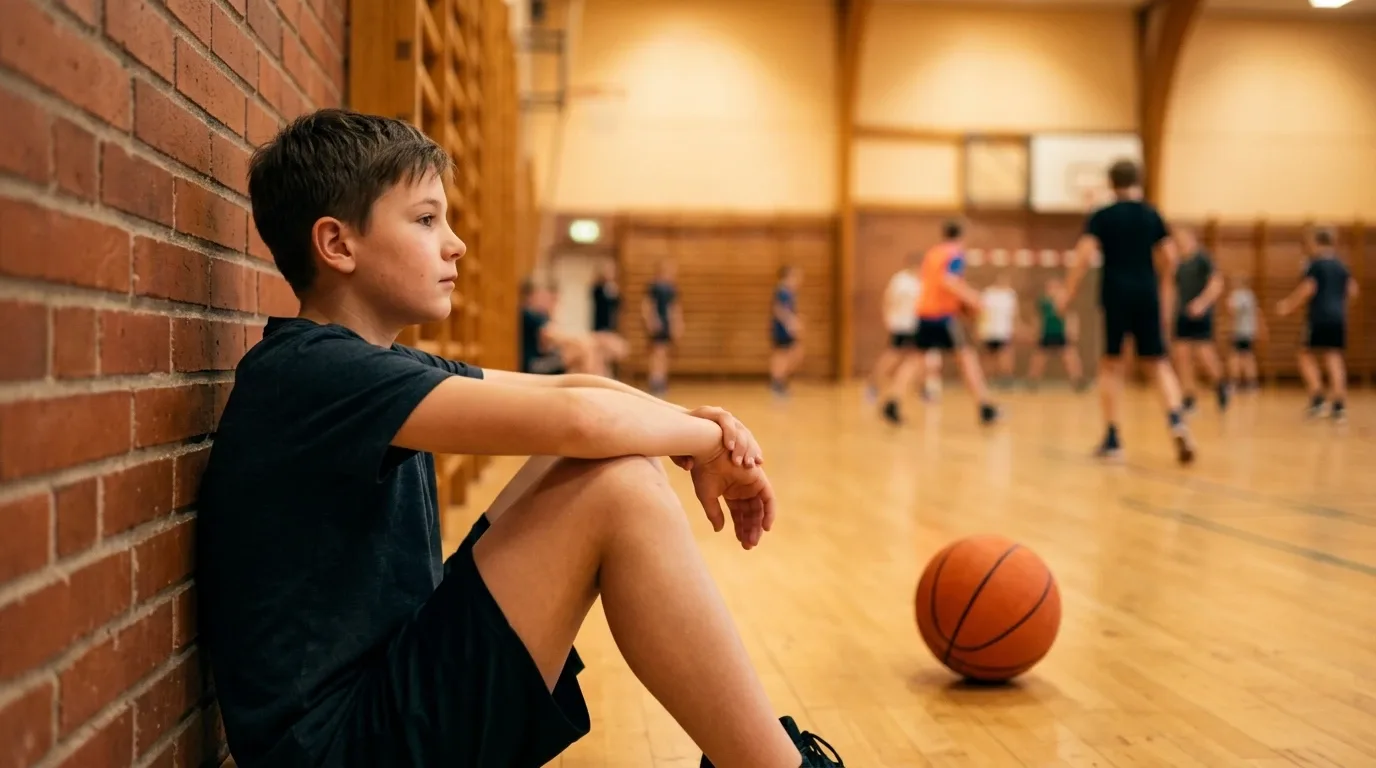 A boy sits against a gym wall, knees up, a basketball rolled away from him while other kids play in the background