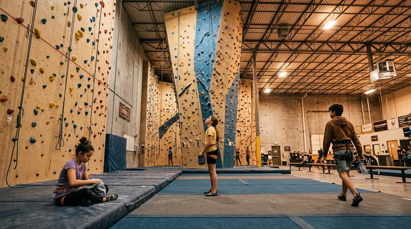 Young climbers resting between routes in an indoor climbing gym