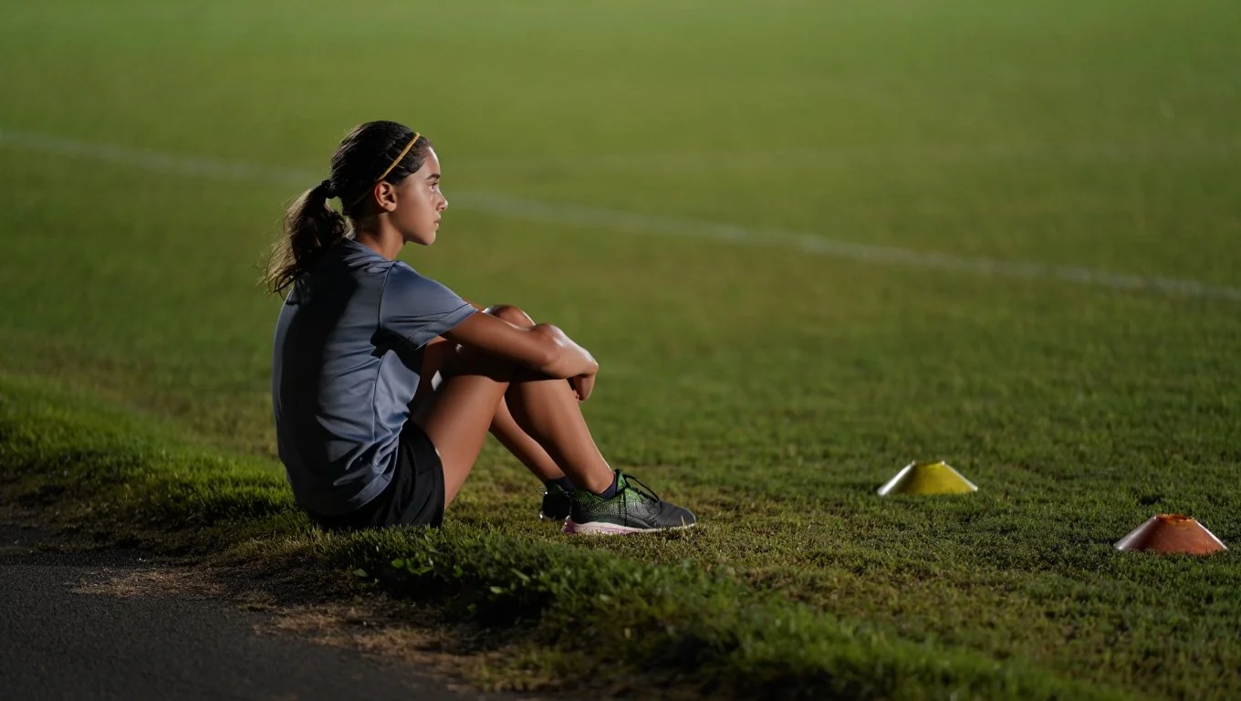Young athlete sitting quietly at the edge of a training field