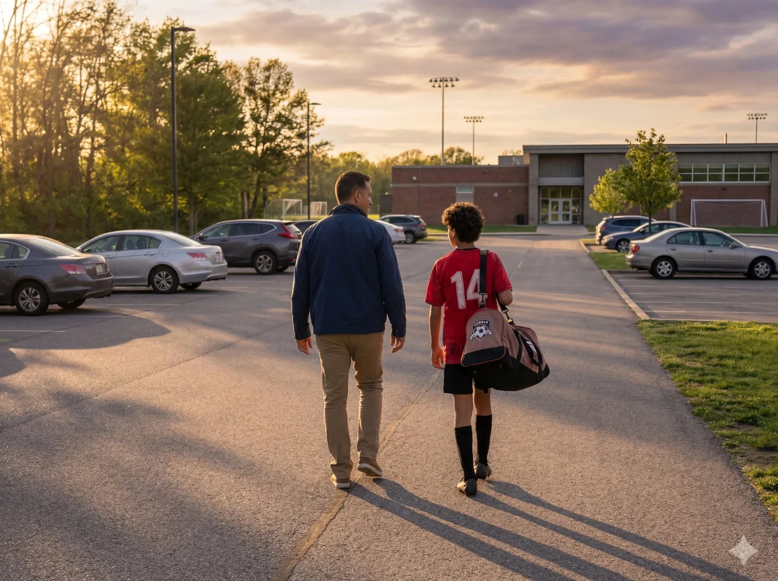 A father and his teenage son walk side by side across a car park toward a sports facility at golden hour