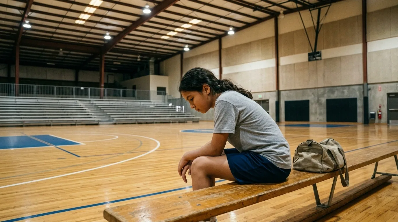 A girl sits alone on a bench in an empty gymnasium, hands clasped, looking down