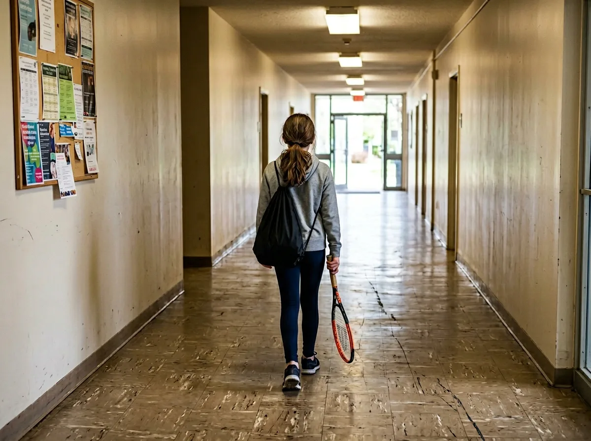 A girl walks down a recreation centre corridor carrying a tennis racquet, pool visible through one door, court through another
