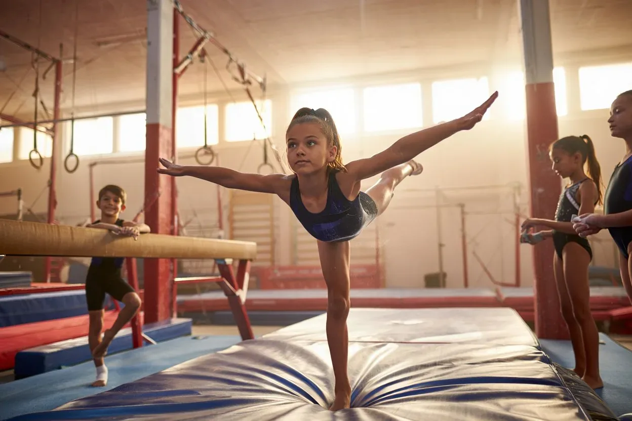 A young gymnast holds an arabesque on a practice mat while other athletes train around her in a warmly lit gym