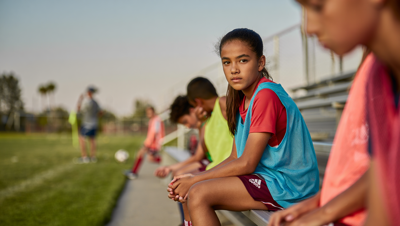 A young female soccer player sits on the bench at practice, looking contemplative