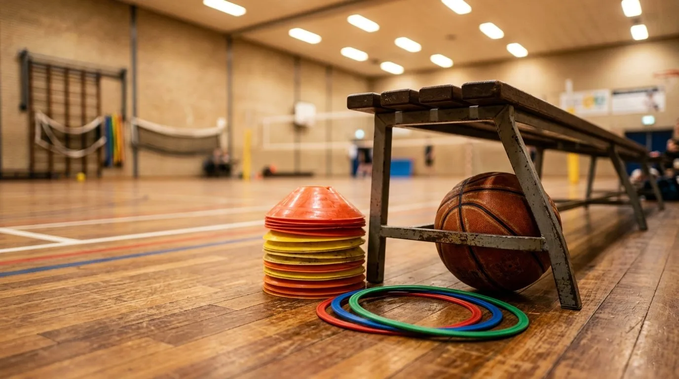 Training cones, agility rings, and a basketball rest against a wooden bench on the polished floor of a gymnasium between sessions
