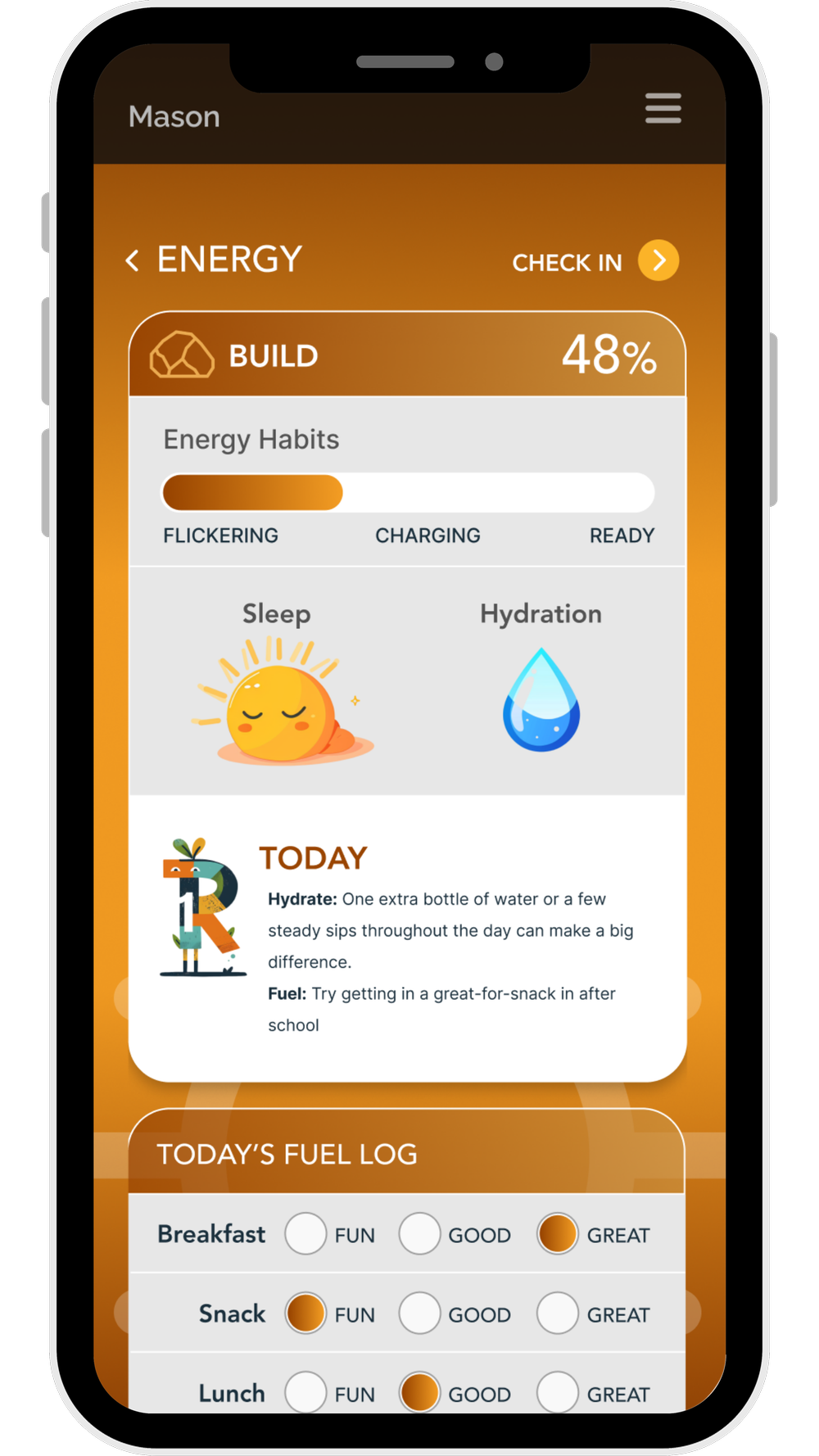 R1 app Energy domain screen showing a Build state at 48 percent, with Sleep, Hydration, and a daily fuel log